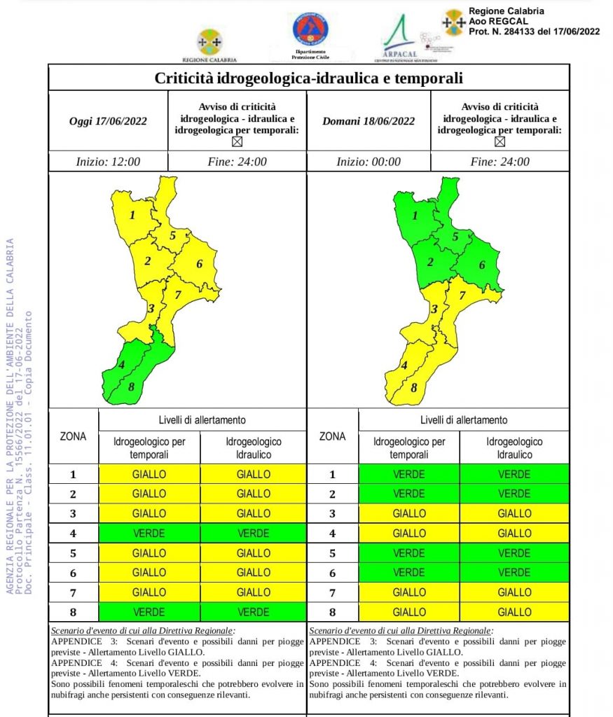 Allerta Meteo gialla diramata per oggi pomeriggio Venerdi 17/06/2022 in Calabria Centro settentrionale (Cala 1,2,3,5, 6, e 7)