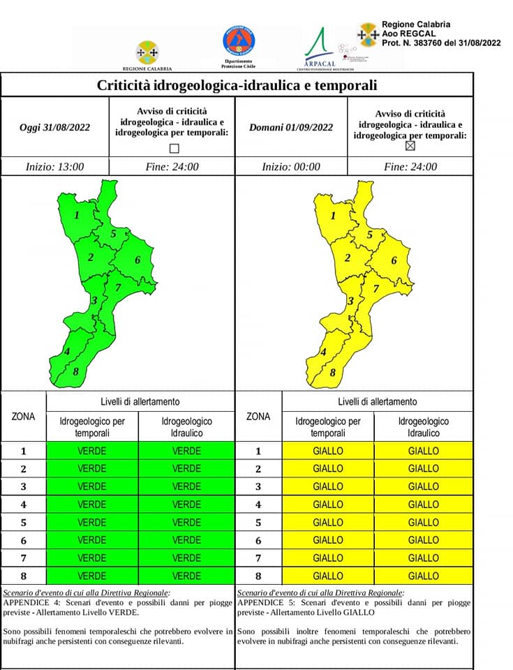 ⚠️🔔Allerta gialla su tutta la Calabria prevista per la giornata di domani 1 settembre 2022⛈️⚡