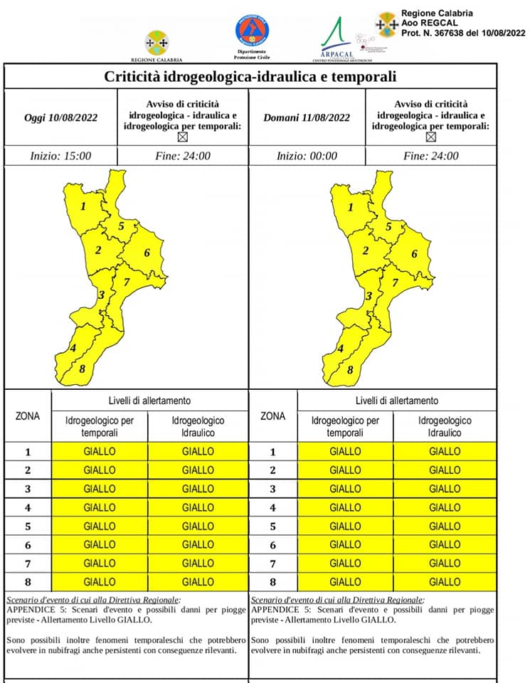 🔔⚠️Ancora per domani 11 AGOSTO 2022 prevista allerta gialla per rischio idraulico, idrogeologico e per temporali su tutta la Calabria.⛈️⚡